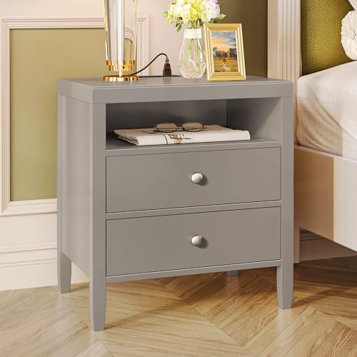 Huuger Grey Nightstand Set of 2, Night Stand with Charger Station, Bedside Table with 2 Drawers, Bed Side Tables for Bedroom, Modern Nightstands, Metal Knobs, Painted Surface - color: Grey
