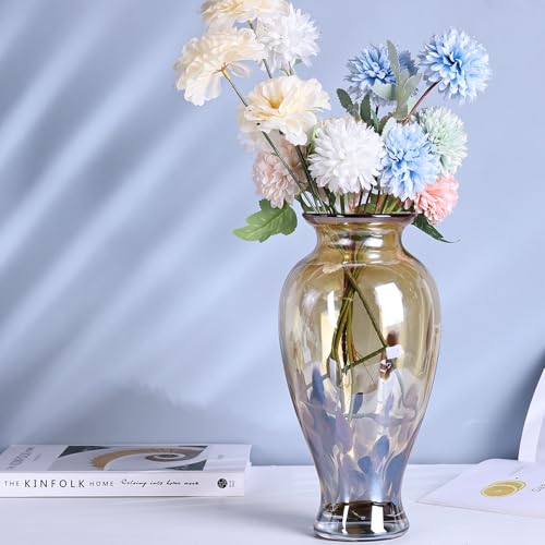 11.8" Tall Amber Gold Glass Vase Beautiful Hand Blown Glass Vase Modern Art Home Decor, Wide Mouth Colorful Vases for Mantle Dining Table Centerpiece, Entryway Living Room Wedding Decoration - color: Gold