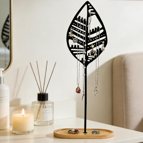 Leaf jewelry storage rack Jewelry Organizer Jewelry Stand Jewelry Holder Organizer, Necklace Organizer with Ring Tray, Sturdy Jewelry Hanger for Necklace - color: B Black