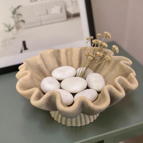 10" Large Handmade Decorative Bowl decor , Handicraft Scalloped Bowls for Modern Home Decor,Ruffle Decor,Key Bowl for Entry Table,Decorative Fruit Bowl for Kitchen Counter,Artificial Stone Beige - color: Beige-With base, size: 10inch