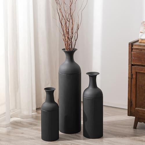 Sziqiqi Black Tall Floor Vase: Large Ribbed Metal Vases 27/20/16in for Living Room, Modern for Pampas Grass, Oversized Standing Vase for Fireplace, Home Corner, Hallway, Office - color: Black