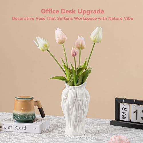 White Ceramic Vase with Reed-Inspired Texture - 9" Unique Flower Vase for Pampas Grass & Centerpieces, Decorative Boho/Farmhouse Vase for Living Room,Office Desk & Housewarming Gift (for Her/Yourself) - color: Reed-inspired
