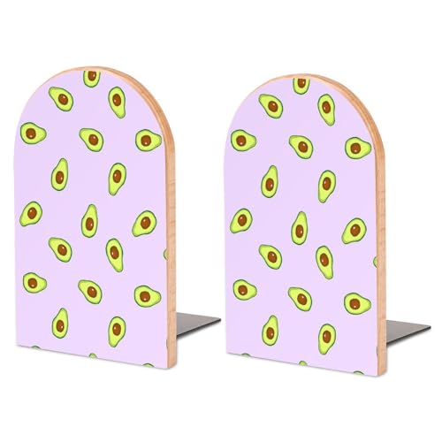 Wooden Bookends 2 Pcs,Avocado Purple Pattern Heavy Duty Office Book Ends Anti Slip Book Shelf Holder with Metal Base Decorative Book Stands - color: Avocado Purple Pattern
