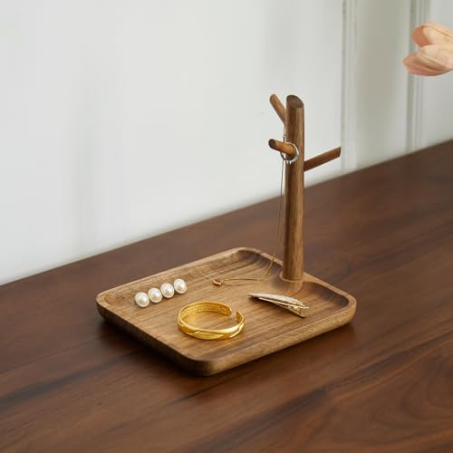 Solid Acacia Wood Key Tray and Bowl for Entryway Table - Jewelry Tray With 3 Hooks, Open Storage for Wallet, Glasses, Watches, Lipstick (Acacia, Square) - color: Acacia, size: Square