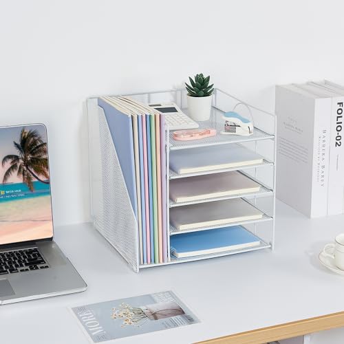 LEKETREE Desk Organizers and Accessories, 5-Tier Paper Letter Tray Organizer with File Holder, Desktop Organizer for Office Supplies (White) - color: White, size: 12" x 12" x 12"