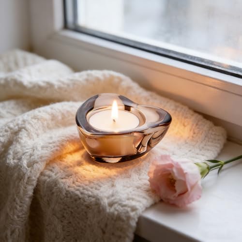 Grey Tealight Candle Holders - Set of 12, Heart-Shaped Chunky Glass Candle Holder, 2.9" Diameter - CH02 - Tea Grey - color: Tea Grey