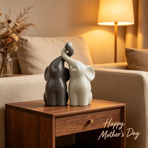 QINJIEJIE Elephant Statue Elephant Figurines Loving Gifts for Women Couples Ivory Wedding Anniversary Modern Ceramic Elephants Sculpture Lucky Elephants Ornament in Love - color: Beige & Grey