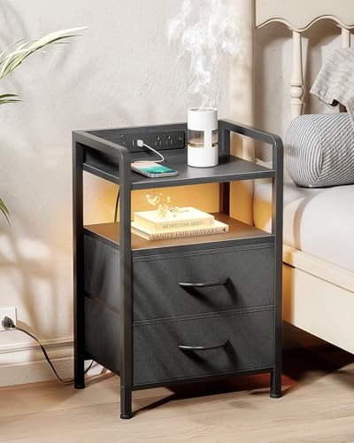 Lazzanto Night Stand Bedside Charger Bedroom - Nightstand with Charging Station & LED Light Strip, Night Stand with Storage Shelf & 2 Fabric Drawers, Morden End Table with U-S-B Ports & AC Outlets - color: Black, size: 2 Drawers