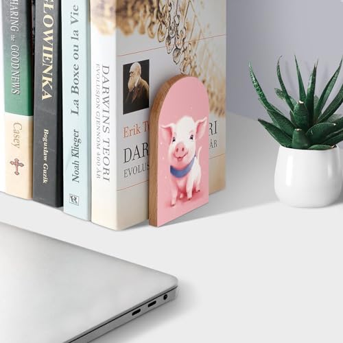 Cute Pink Pig Book Ends Decorative Wood Bookends for Shelves Kids Room Desk Home Office Book Stoppers for Magazines,Books, DVDs, 1 Pair/2 Pieces(5x3.1 in) - color: Pink Pig