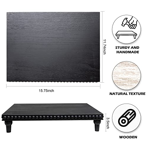 GENMOUS Farmhouse Black & White Distressed Wood Display Stand, 3-Tier Beaded Pedestal Tray for Bathroom, Kitchen, or Living Room Decor