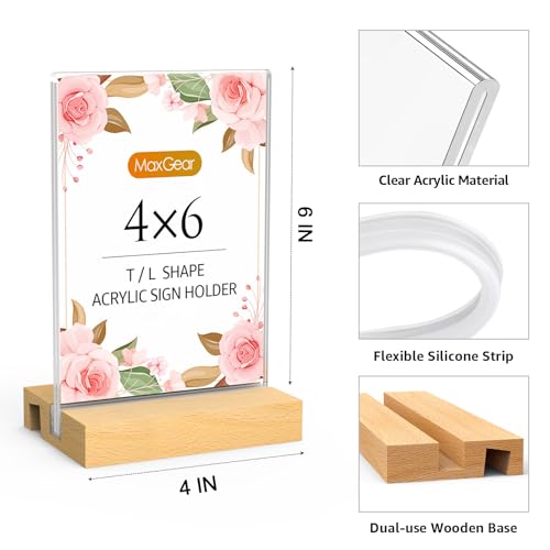 MaxGear L/T Shape Acrylic Sign Holder, 4 X 6 Clear Table Display Stand with Wooden Base, Flyer Menu Holder Photo Frames Paper Stand for Office, Wedding, Restaurants, Hotels 3 Pack - size: 4''x6'', style: 3 Pack