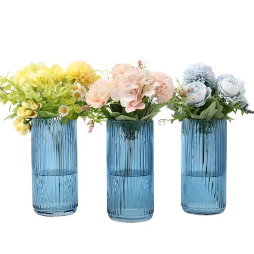 Blue Glass Vases, Flower Vases Set of 3, Ribbed Glass Vase for Tulips, Tall Cylinder Glass Vases for Living Room, Bedroom, Dining Table, Office, Wedding, Bookshelf Decoration, 8 Inches - color: Blue, size: 8'' X 3Pack