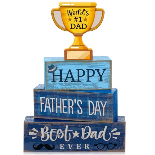 Yuntau 4 Pcs Father's Day Decorations Happy Father's Wooden Tabletop Tiered Tray Decor Rustic Best Dad Ever Trophy Wood Block Table Sign Centerpiece for Farmhouse Shelf Fireplace Birthday Party Gift - style: Father's Day