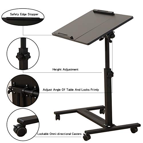 TigerDad Over Bed Table with Wheels Adjustable | Rolling Laptop Table Overbed Desk Hospital Tray Table Sofa Chair Side Table (Black) - color: Black