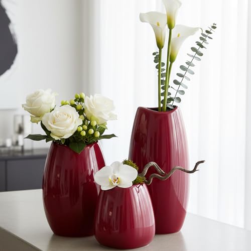hjn Ceramic Vase Set of 3 Red Flower Vase for Home Decor, Modern Decorative Vase for Flowers Vases for Your Ideal Shelf Decor/Table/Living Room/Kitchen/Office-Red… - color: Red