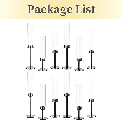 Hewory Black Candlestick Holders Hurricane Candle Holder, 12Pcs Candle Stick Candle Holder Candelabra, Taper Candle Holders with Glass Candle Cover for Wedding Table Centerpiece Christmas Decor - color: Black, size: 12pcs