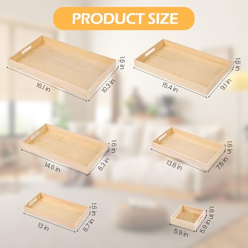 Aodaer 7 Pieces Wooden Trays, Wooden Nested Serving Trays, Rectangular Shape Serving Tray with Handles for Kitchen Party Dinner Snacks