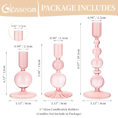 Glasseam Pink Glass Candlestick Holder: Unique Candle Holders Set of 3 Modern Taper Candle Holder Decorative Candle Holders for Table Centerpiece Party Christmas Home Wedding Decoration - color: Pink