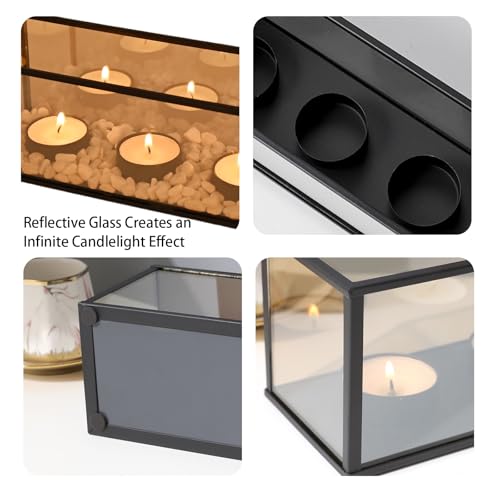 Black Metal Glass Frame Candle Holder with 3 Round Tealight Bases，Long Glass Tea Light Candle Holder Centerpiece Box, 8.5 x 3.15 x 3.15in (3 Candle Cup Bases)