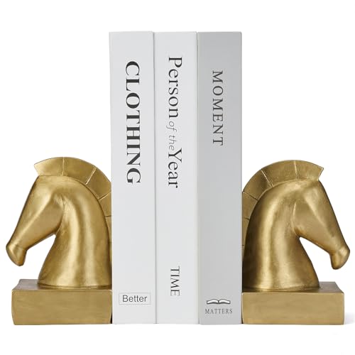 Gold Horse Head Decorative Bookends - Heavy Duty Non-Slip Book stoppers, Horse Statue Book Ends for Shelves, Modern Equestrian Ornaments for Home Farmhouse Shelves Office Lover Gift - color: Horse Bookends Gold
