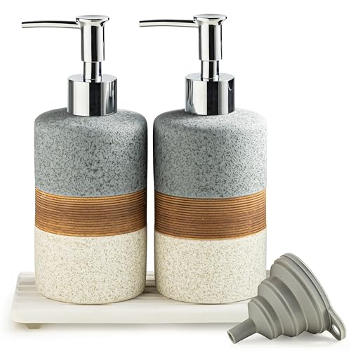 Ceramic Soap Dispenser Set(2 Pack) – Hand Soap, Dish Soap, Shampoo & Shower Soap Dispenser for Bathroom & Kitchen, Stainless Steel Pump, Includes Silicone Funnel & Diatomaceous Tray, Gray - color: Gray and White, size: 2xSoap Dispenser Set with Tray