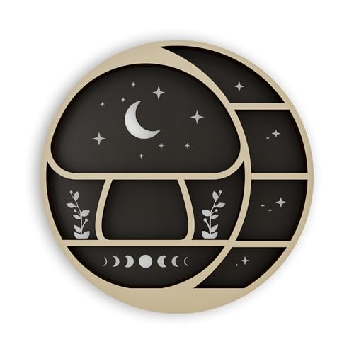Circle Mushroom on The Moon Wall Shelf with LED Light, Wooden Trinket Knick Knack Shelf, Mushroom & Moon Decor Crystal Display Shelf for Rocks Gems Healing Stones, Cute Crystal Holder Organizer - color: Mushroom & Moon