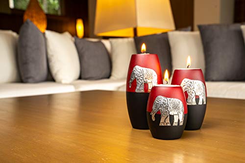 IYARA CRAFT 3 Wooden Candle Holders– Decorative Candle Holders with Inlaid Aluminium Antique Elephant – Intricate Details – Matte Wood Finish – Ideal for Modern & Rustic Settings (Rugby Shape)