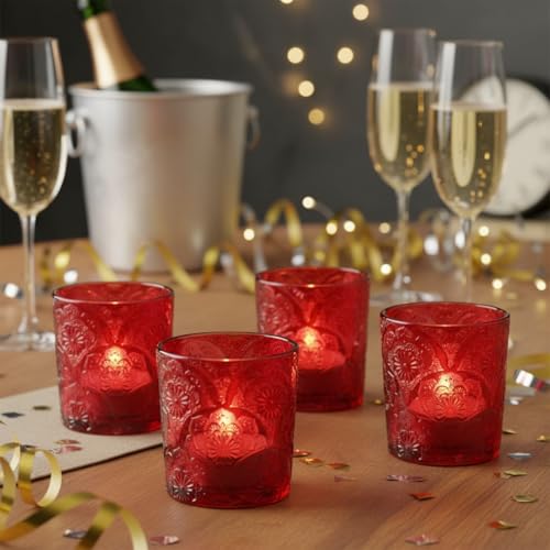 6 Pack Mandala Embossed Glass Candle Holders – Votive Tealight Holders with Patent Design, Decorative Embossed Glass Cups for Wedding Centerpieces, Parties, and Home Décor (Crimson Glow) - color: Crimson Glow