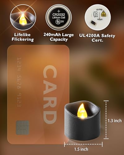 Homemory Black Tea Lights Candles Battery Operated, 200+Hour Flameless Flickering Fake Electric LED Colored Tealights Candles for Halloween, Theme Party, Wedding Table Decor, Holiday Decor, 12-Pack - color: Black, size: Pack of 12