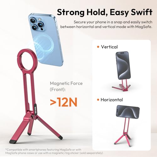 ULANZI MA30 Magnetic Phone Tripod Stand for iPhone - Aluminium Maglock Smartphone Mini Tripod Pocket Cell Phone Stand Strong Magnet Quick Mount Compatible with iPhone 17 16 15 14 13 12 Series, Red - color: Red