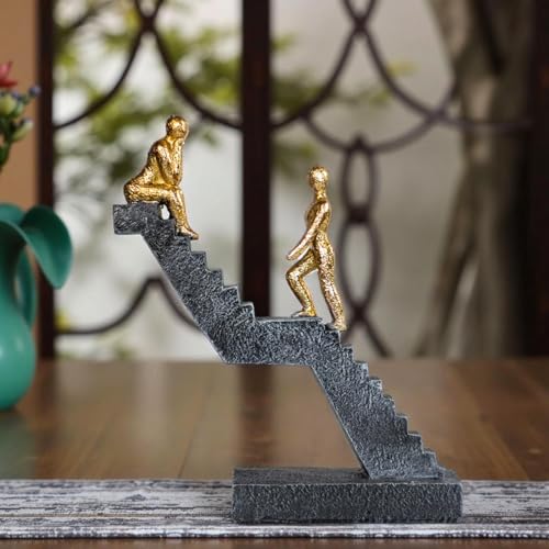Modern Staircase Sculpture, Gold Figures on Black Steps, 8.66 x 7.09 x 2.56 inches, Contemporary Art Decor - color: ‌"dual Gold"‌