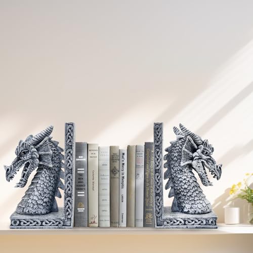 Dragon Bookends for Shelves Set of 2 - Heavy Book Ends Book Supports for Shelves - 4.15 "x 3.25 "x7 Unique Dragon Design Grey（10 Inch - color: Gray