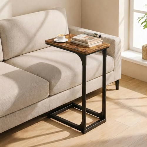 TEMI C Shaped End Table for Couch - Small Side Table and TV Tray for Eating or Laptop, Accent Desk for Chair or Sofa, Easy Assembly, Space-Saving Design for Living Room or Bedroom,Rustic Brown - color: Rustic Brown