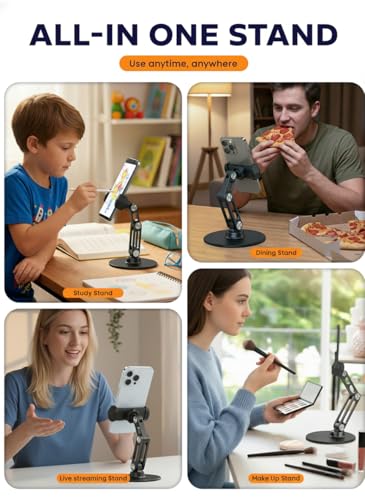 Phone Stand for Desk - Adjustable Height and Angle Foldable Cell Phone Stand Holder, No Dropping Stable Triple-Clamp Holder, Adjustable Tightness, Compatible with iPhone Android Phones, White