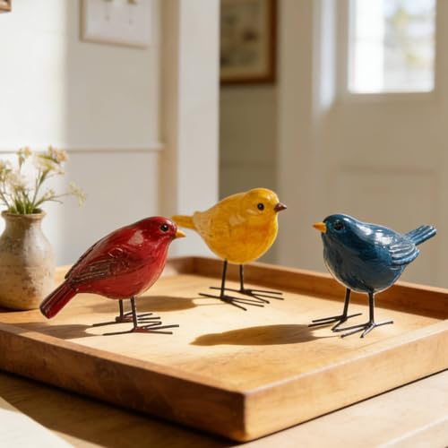 DiliComing Bird Figurines Home Decor - 3 Pcs Small Resin Animal Statues, Decorative Colorful Birds Sculpture for Shelf Desk Garden Decorations, Gift for Bird Lover
