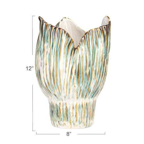Bloomingville Stoneware Pleated Sculptural Vase with Reactive Glaze, Green and White