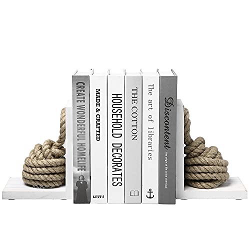 MyGift Vintage Decorative Bookends, Book Ends Shelf, L Shaped Office Desk Book Holder, Beach House Decor, White Solid Wood with Nautical Knot Rope, 2 Packs