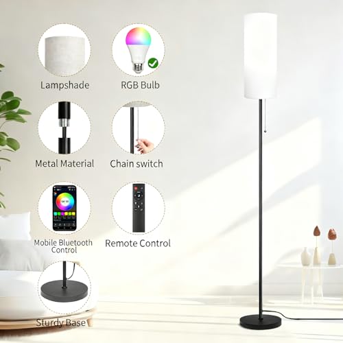 Floor Lamps for Living Room RGB Color Changing Bulbs Dimmable Color Brightness Modern Standing Lamp Remote Control Tall Lamp Chain Switch for Bedroom Office 9W LED Bulb Included, White Shade RGB Bulb - color: White Shade+RGB Bulb