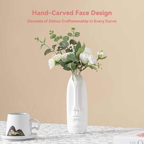 White Ceramic Face Vase - 8.4" Unique Flower Vase with Matte Finish, Decorative Boho/Farmhouse Vase for Pampas Grass & Centerpieces, Living Room/Office Desk Decor & Gift for Her/Yourself - color: White