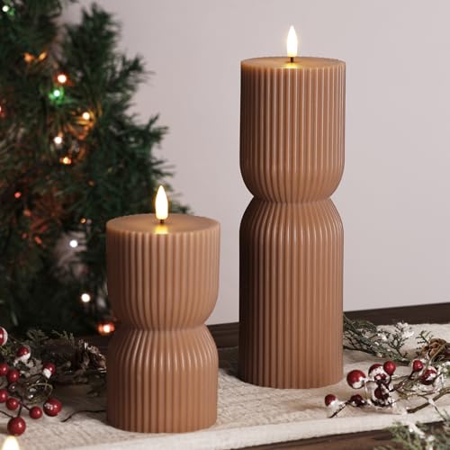 Warm Brown Ribbed Flameless Pillar Candles with Remote, Real Wax Flickering Battery LED Candles Christmas Decor Gift Set of 2 - color: Amber Brown