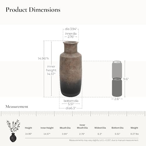 LuxenHome Rustic Ceramic Flower Vase,15'' Tall Brown Ombre Pottery Terracotta Narrow Floor Vases Home Decor,Farmhouse Vintage Vases for Living Room Decor,Modern Decorative Vase Home Décor Accents - color: Brown Narrow B