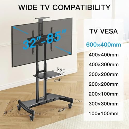 PERLESMITH Rolling TV Stand with Wheels for 32-85 Inch LCD LED 4K Flat Screen TVs, Tilt Mobile TV Cart with Shelf Holds Up to 100 lbs, Height Adjustable Floor TV Stand Max VESA 600x400mm- PSTVMC05 - size: 32-85 Inch