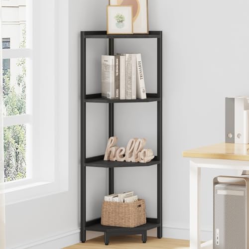 Hzuaneri Corner Shelf Stand, Corner Bookshelf, Storage Standing Shelf Unit with Metal Frame, Plant Stand, Bookcase for Living Room, Home Office, Bedroom, 4-Tier Black CS05806B - color: Black, size: 4 Tier