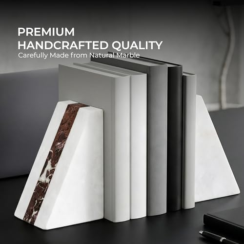 White Marble Bookend 6" - Book Stoppers for Bookshelves - Modern Decorative Marble Bookends for Home and Office, White - color: White