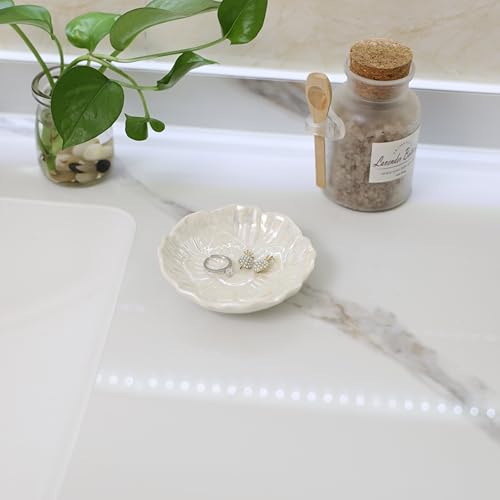 Flower Ring Dish Holder,Jewelry Dish Tray,Small Trinket Tray,Jewelry Plate Bowl,Key Bowl,Decorative Plate,Mothers Day Birthday Gifts for Women Mom Friends,Ceramic Pearl White - color: Pearl White