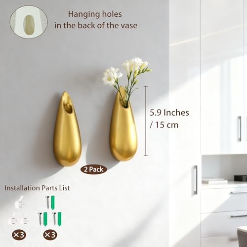 Sculptural Wall Ceramic Vase — 2 Pack Gold Hanging Sconce Vase | Turn Flowers into Art — Decorative Ceramic Wall Sconce for Single Stem Displays - size: 2pcs-Small