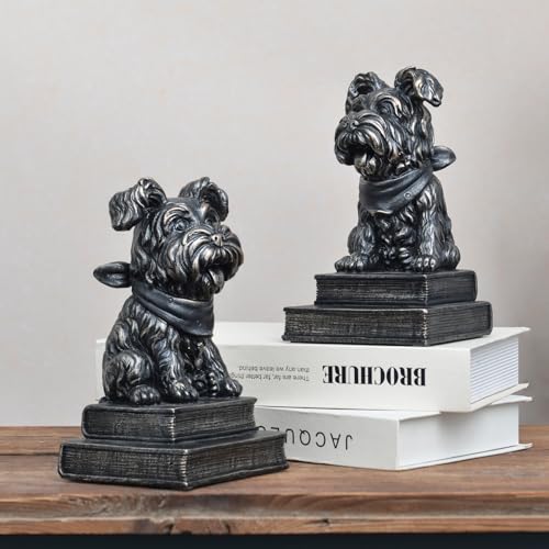Vintage Antique Dog Bookends,Decorative Book Ends for Shelves,Creative Resin Schnauzer Statues Book Holders for Desk Home Office Bookshelf Decoration,Gifts for Dog Enthusiasts - color: Black