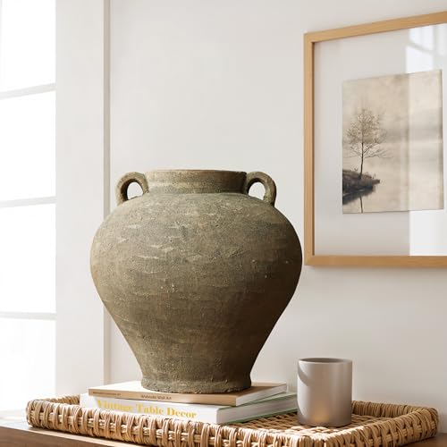 LuxenHome Rustic Large Flower Vase,14'' Tall Brown Terracotta Cauldron Vase,Farmhouse Decorative Vases for Dining Table Decor,Vintage Pottery Ceraimc Vase Living Room Office Home Decor - size: Medium