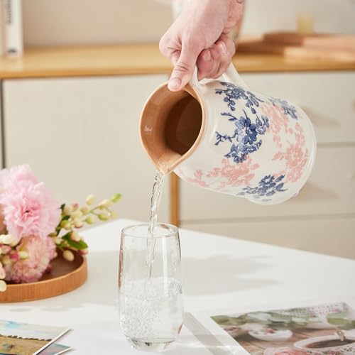 Floral Pattern Flower Pitcher Vase, Farmhouse vase with Handle, Ceramic Modern Pitcher Vase for Home Décor, Cute Water Jug. - color: Blue&red Pitcher