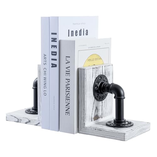 MyGift Decorative Bookends, Office Book Ends for Shelves, Book Holder L-Shaped Stand Desktop, Whitewashed Solid Wood with Realistic Industrial Pipe Design - color: White Washed